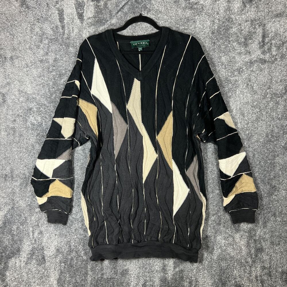Tundra Sweater Mens XL Black Geometric Mercerized Cotton Knit Pullover Textured